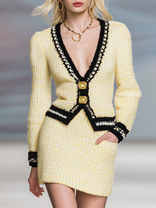 Élégant Cardigan Jaune Clair à Col V avec Détails Noir Tendance