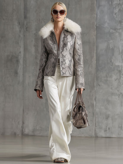 Veste Vintage en Simili Cuir avec Double Fermeture Éclair et Col en Fourrure Synthétique Imprimé Serpent Gris