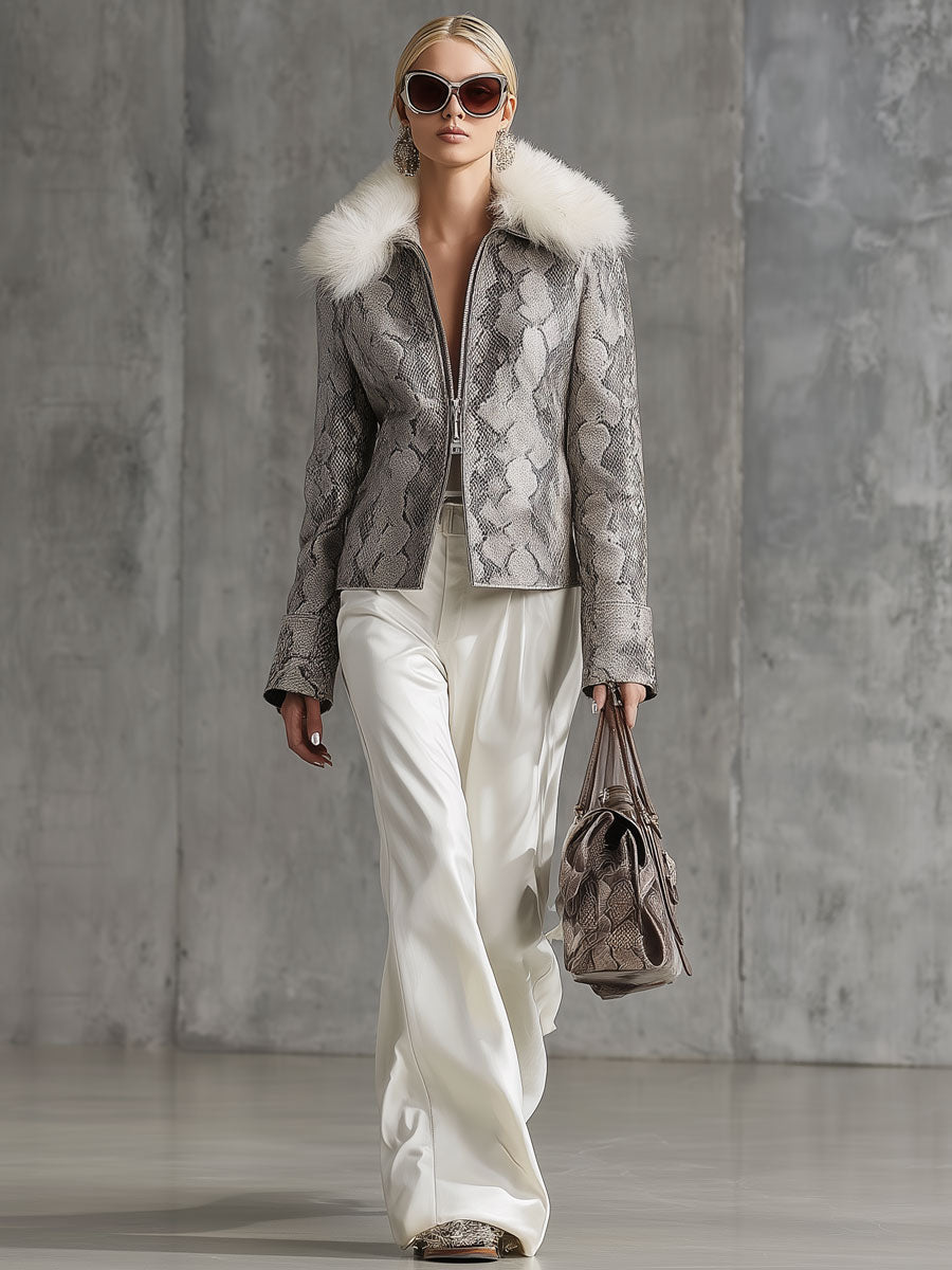 Veste Vintage en Simili Cuir à Double Zip avec Col en Fourrure Synthétique Imprimé Serpent Gris
