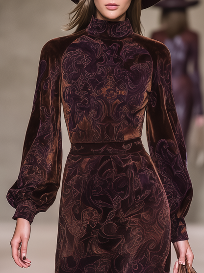 Robe Vintage en Velours à Col Montant et Manches Longues