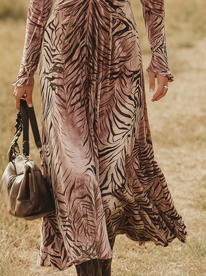 Robe Maxi A-Line en Velours avec Imprimé Zebra Rose - Style Rétro Western à Manches Longues