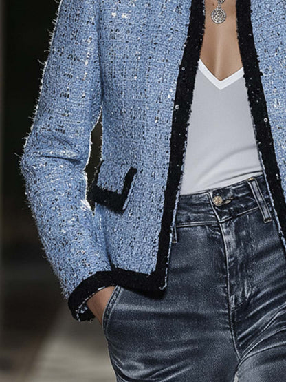 Veste en Tweed Bleu Chic et Éclatante avec Paillettes