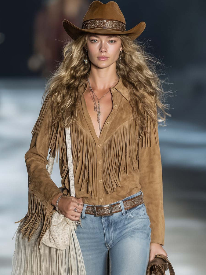 Chemise Vintage Décontractée en Suède Légère Marron Clair à Boutons Avant et Franges, Manches Longues