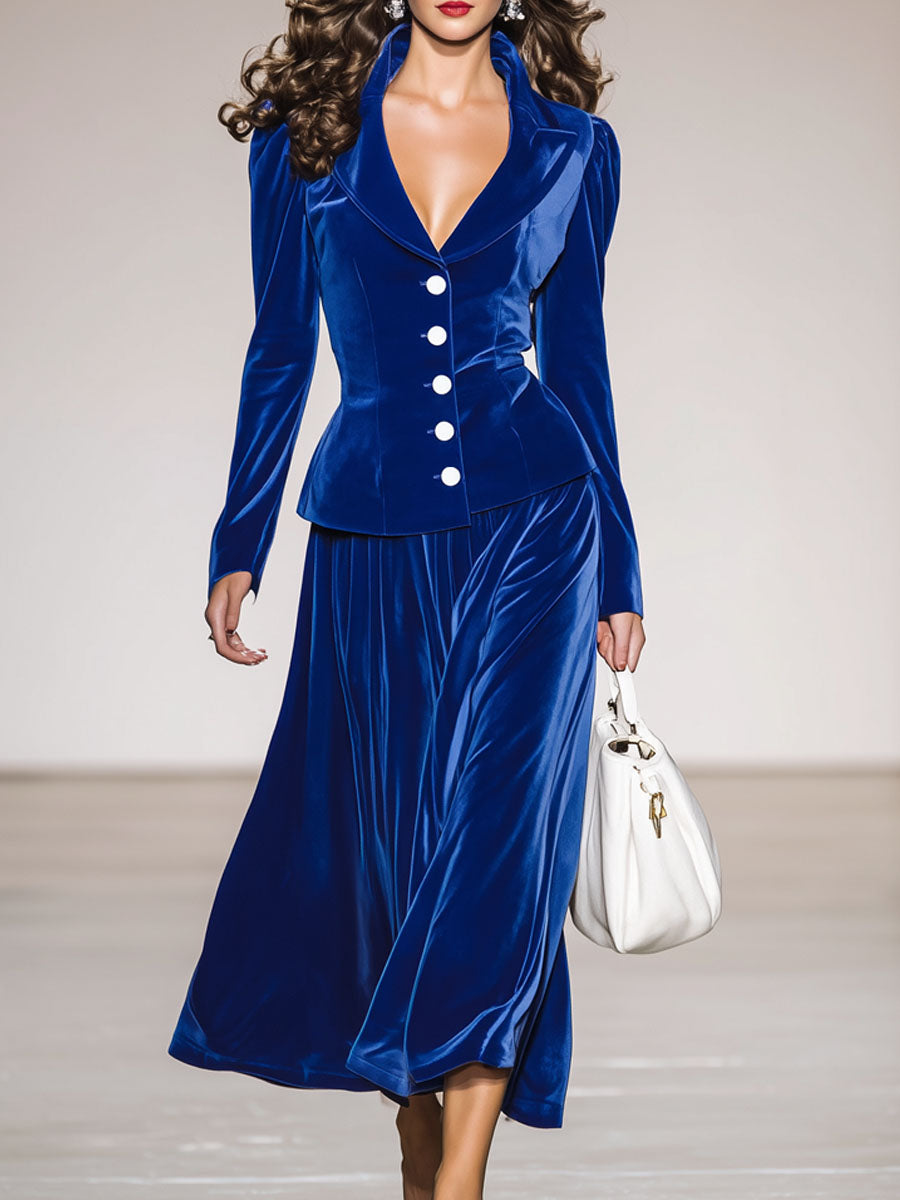 Ensemble Élégant en Velours Bleu Royal avec Col Chic et Boutons Distinctifs