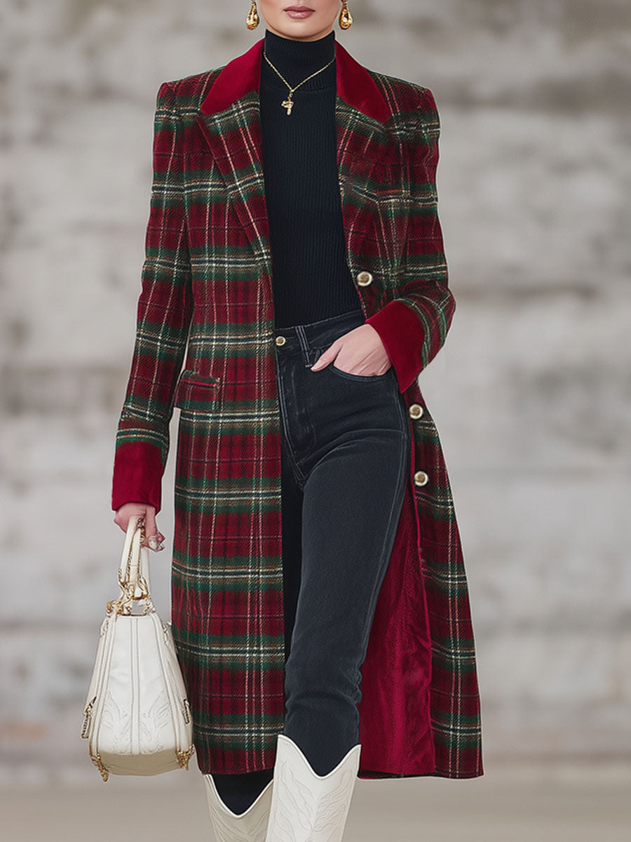 Classique Manteau Tartan Rouge et Vert à Revers avec Boutonnage Simple