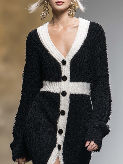 Robe Maxi Tricotée Noire à Décolleté V et Boutons Contrastants