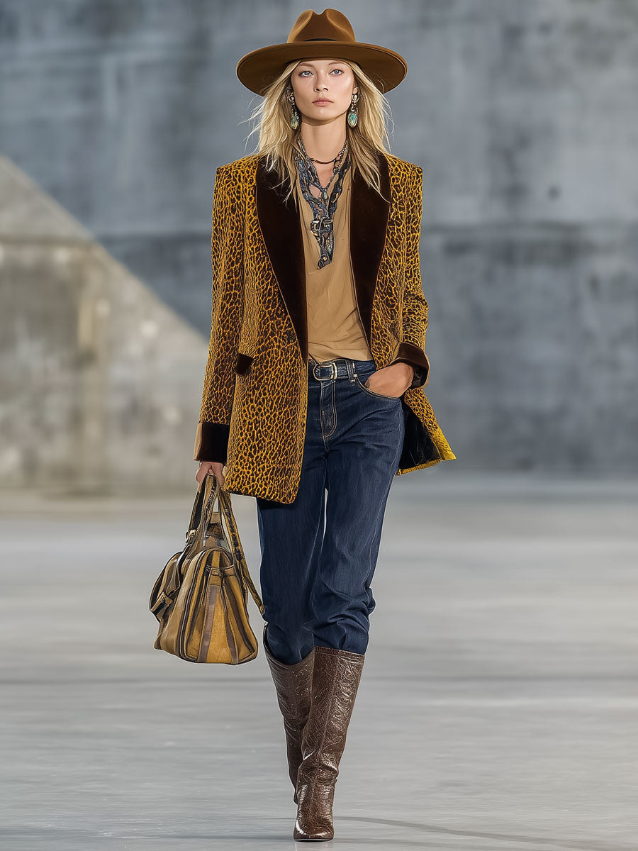 Veste en Velours Doré à Imprimé Léopard Vintage Chic