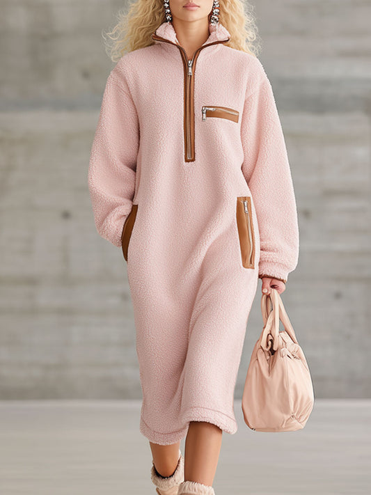 Robe Midi Polaire Rose avec Mi-Zip en PU Marron au Style Rétro Western