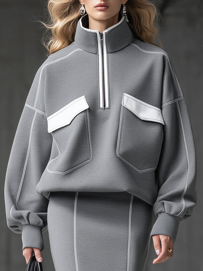 Ensemble Sportif Premium en Blanc et Gris avec Sweat-shirt Zippé à Col Demi-Large