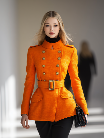 Veste Vintage en Tweed à Col Haut et Double Boutonnage