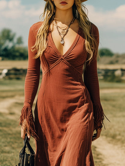Robe Maxi Rouge Brique Rétro avec Manches Longues et Franges