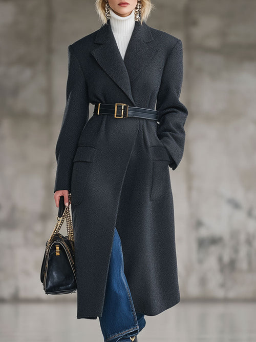 Longue Manteau en Laine Gris Foncé avec Détails Rétro à Lacets