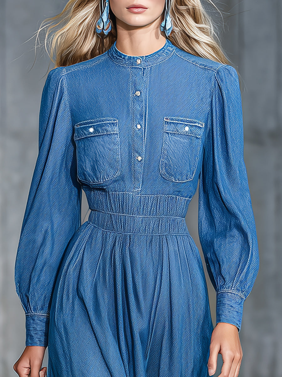 Robe Midi en Denim à Col Rond avec Taille Élastique Confortable