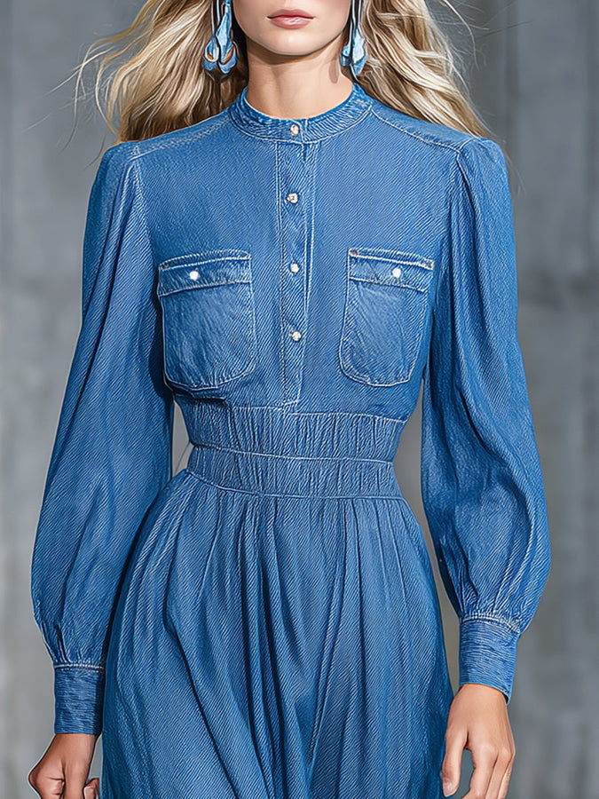 Robe Midi en Denim avec Col Rond Élastique et Manches Amples