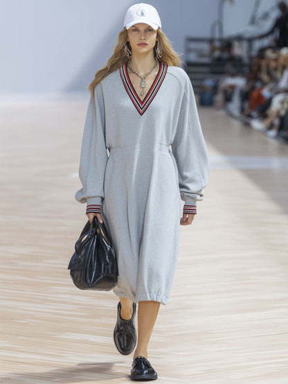 Robe Midi Décontractée Rayée Gris Clair à Manches Longues