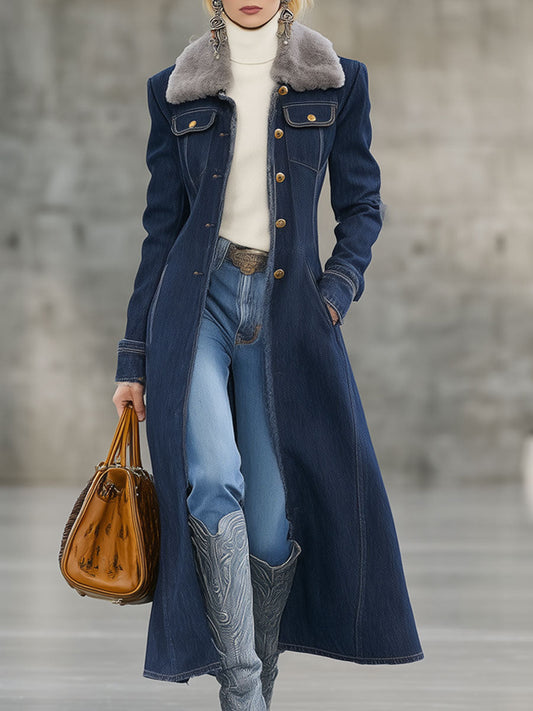 Longue Manteau en Denim Bleu Profond avec Col et Bordure en Fourrure Rétro
