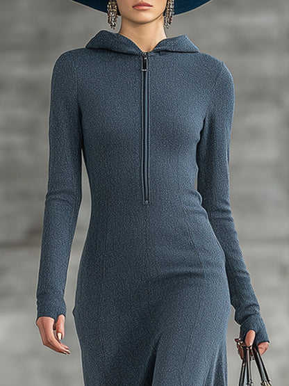 Robe Midi Vintage en Velours Côtelé Bleu Foncé avec Fente et Capuche