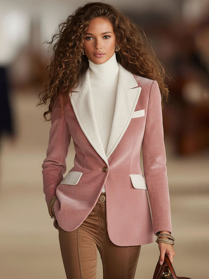 Veste décontractée en velours côtelé avec bouton unique à contraste élégant