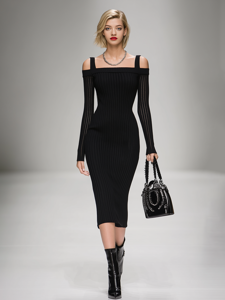Robe Midi Chic en Tricot Côtelé à Manches Longues