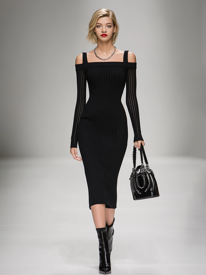 Robe Midi Chic en Tricot Côtelé à Manches Longues