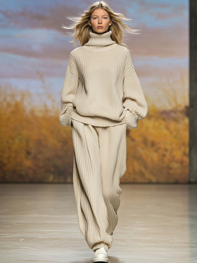 Ensemble Décontracté en Tricot Beige : Pull à Col Roulé et Pantalon