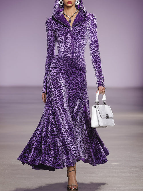 Robe Maxi en Velours Imprimé Léopard Violet avec Capuche et Zip