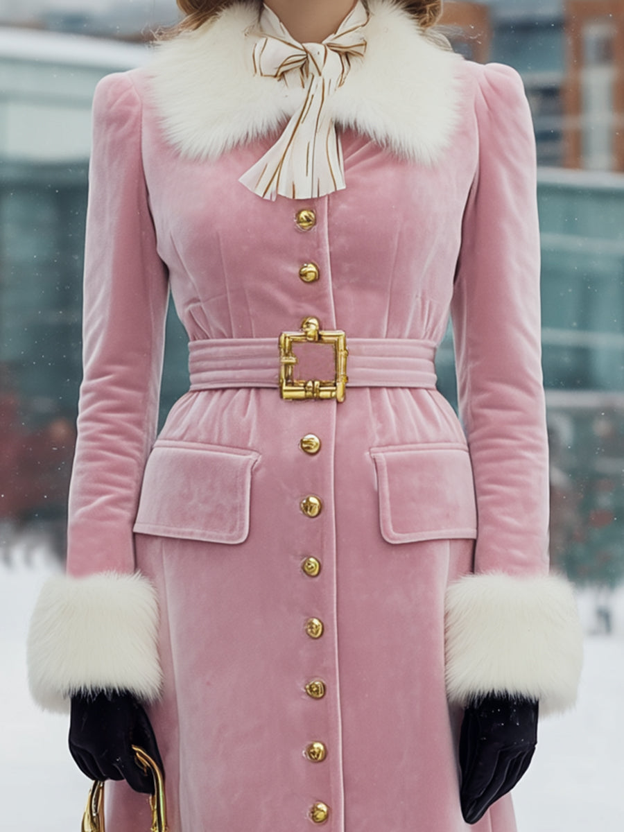 Veste en Velours Rose Élégante avec Col et Manches en Fourrure