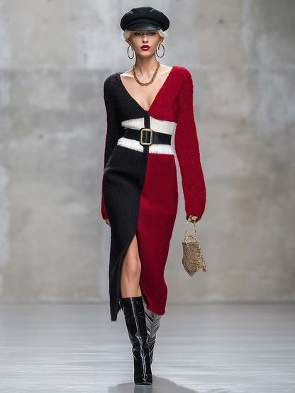 Robe Midi Tricotée à Fente - V-Cou Élégant en Blanc, Noir et Rouge Contrasté