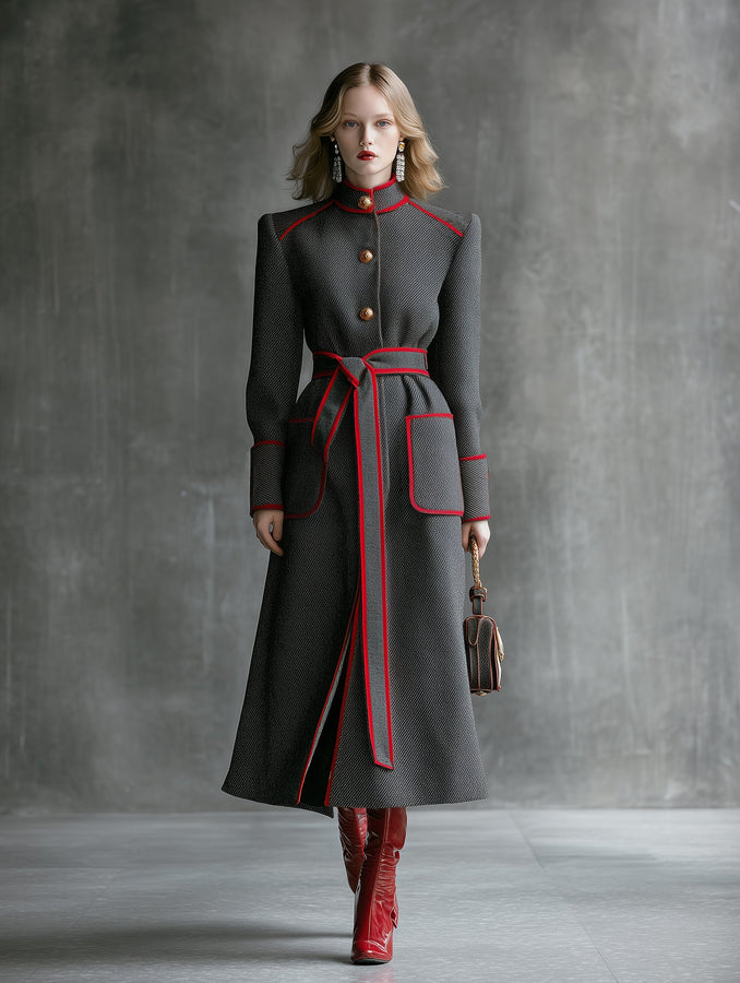 Veste en Laine Grise Sergé avec Col Montant et Détails Rouges - Élégance Haute Couture