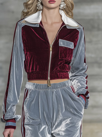 Veste en Velours Chic à Contraste Élégant avec Pantalon à Jambes Larges