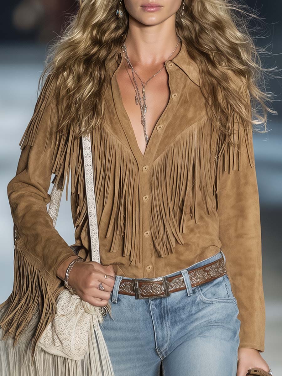 Chemise Vintage Décontractée en Suède Légère Marron Clair à Boutons Avant et Franges, Manches Longues