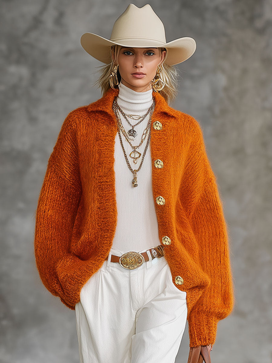 Cardigan Tricoté avec Col Orange et Boutonnage Élégant