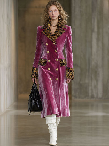 Long Velvet Coat in Vintage Brown Leopard Print with Rose Red Elegance