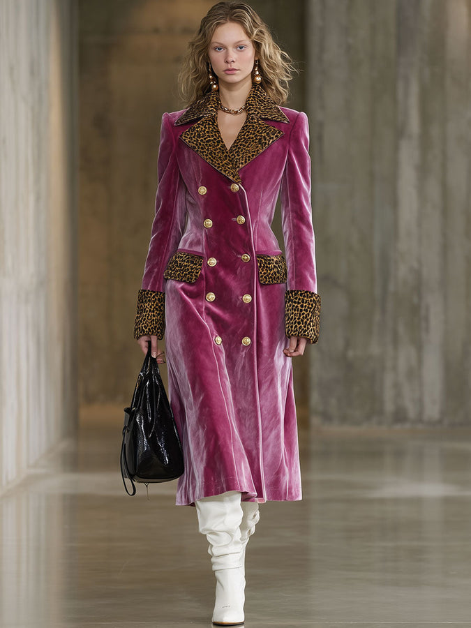 Long Velvet Coat in Vintage Brown Leopard Print with Rose Red Hue