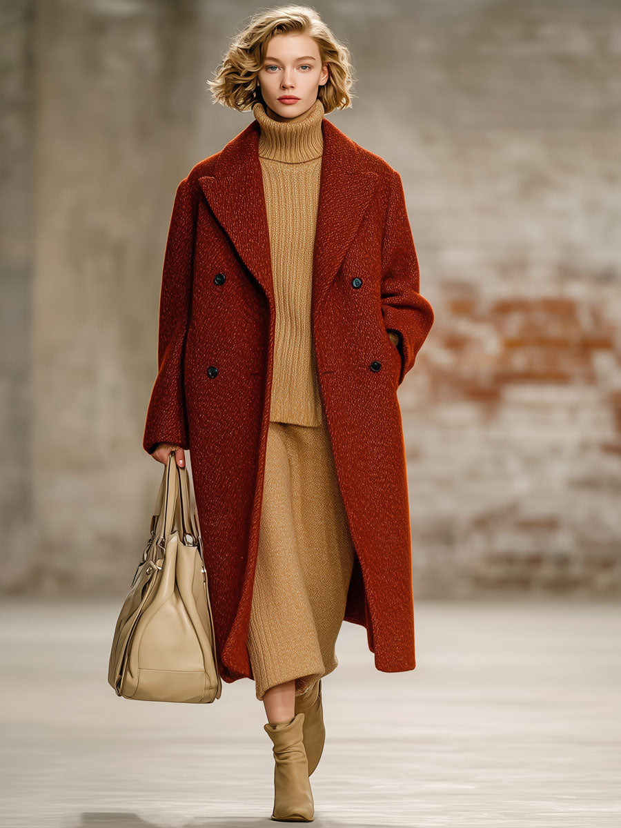 Veste Longue en Laine Rétro Rouge Brique : Élégance Ample et Tendance