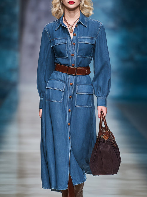 Robe Midi en Jean Vintage Décontractée avec Poches Pratiques et Col Boutonné