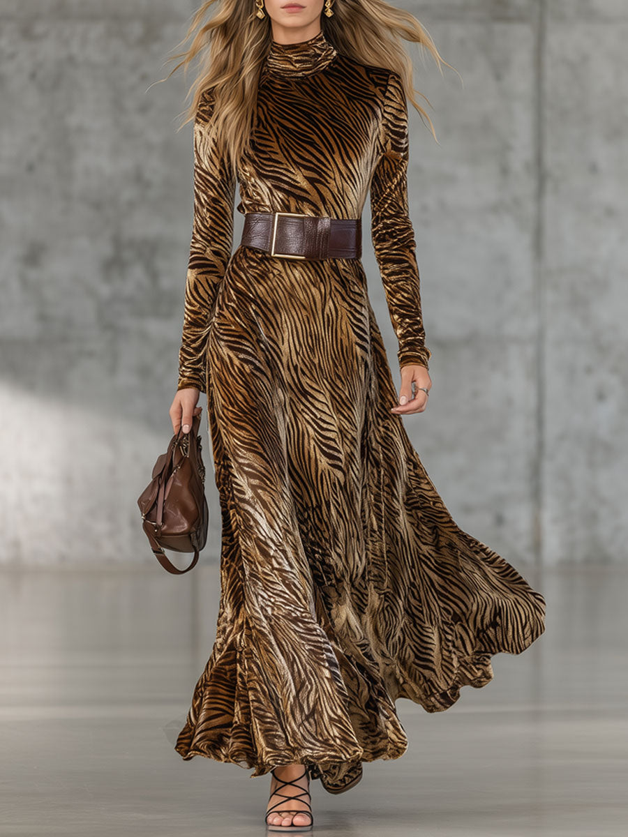 Robe Maxi Velours Doré Imprimé Zèbre avec Lacets - Style Western Rétro