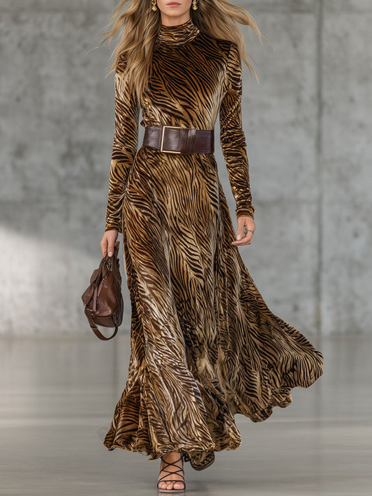 Robe Maxi Velours Doré Imprimé Zèbre avec Lacets - Style Western Rétro
