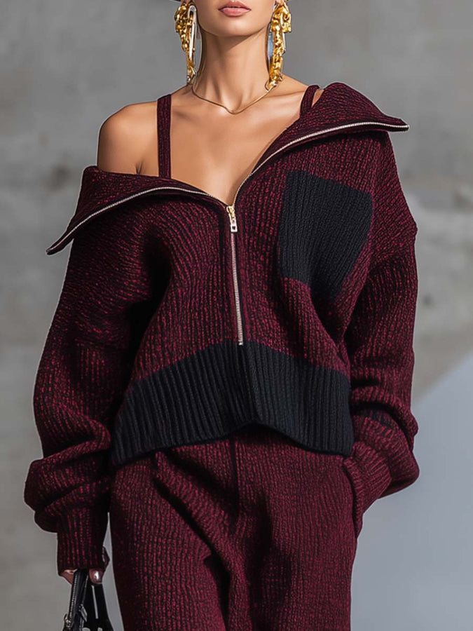 Ensemble Tricot Bordeaux Élégant : Veste Zippée, Col Chic, Top Convertible et Pantalon