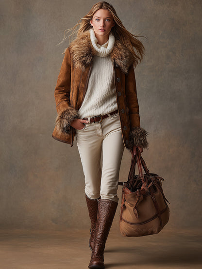 Veste Suédine Marron avec Détails en Laine au Style Western Vintage