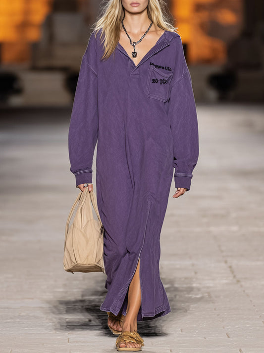 Robe Maxi Sportive Rétro Violet : Broderie Élégante, Manches Longues et Capuche avec Fente