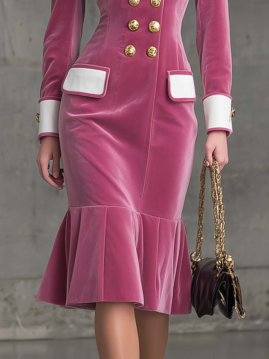 Robe Midi en Velours Rose à Col Notch, Élégante avec Ourlet en Feuille de Lotus et Détails Rétro