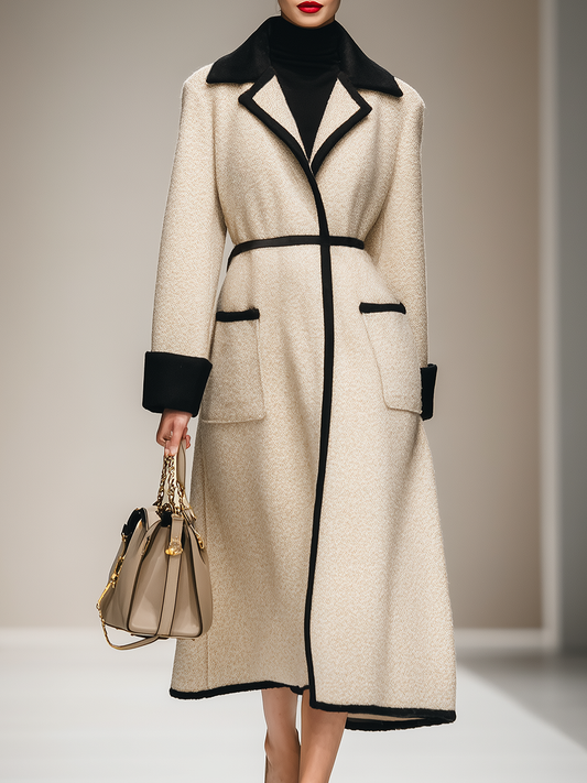 Chic Long Vintage Coat with Contrasting Color Collar