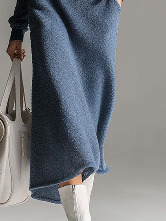 Robe Maxi Casual Bleue en Fleece Polaire Léger à Col V - Confort et Élégance