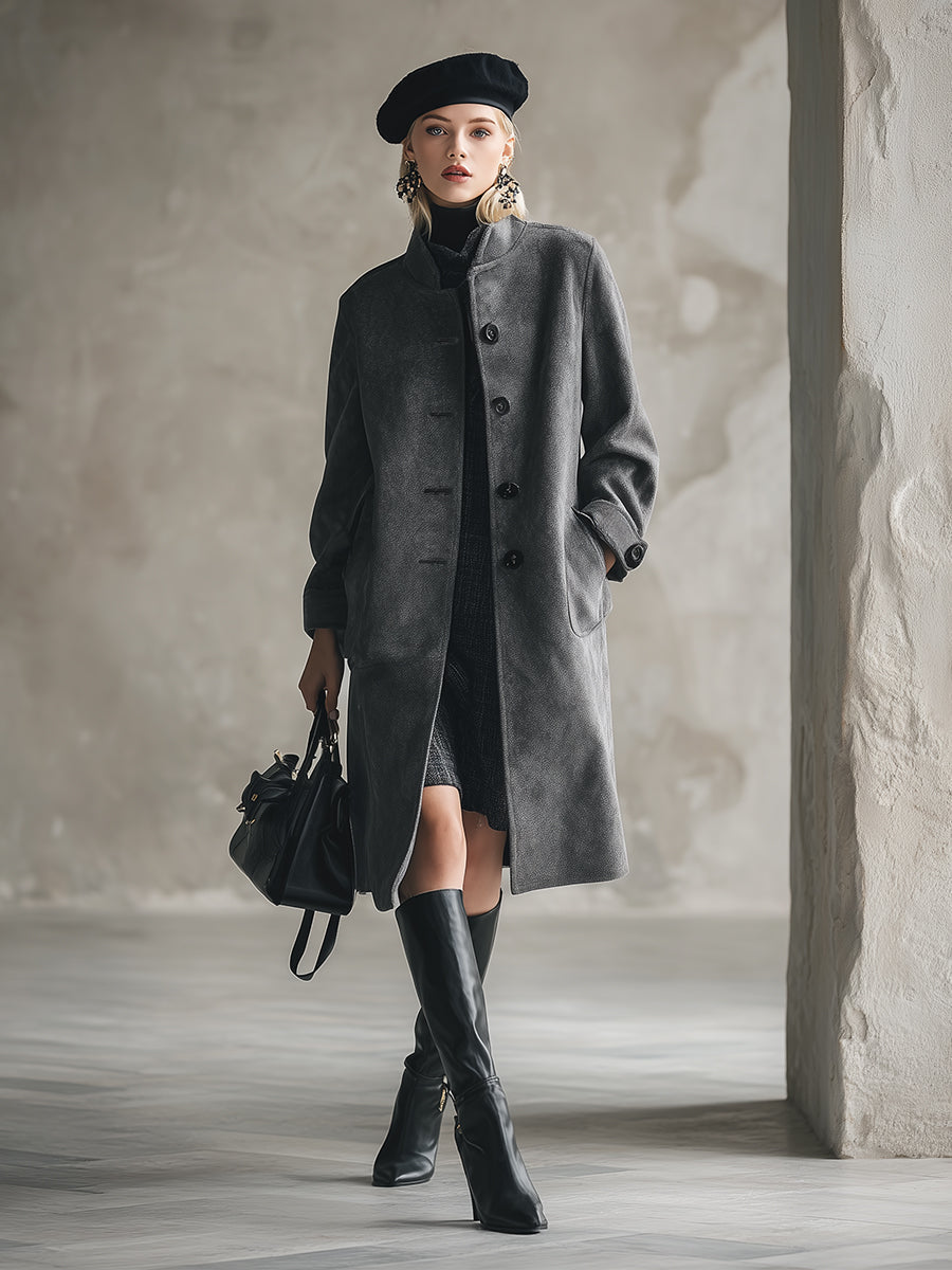 Élégant Manteau en Laine Gris Foncé avec Col Montant Boutonné