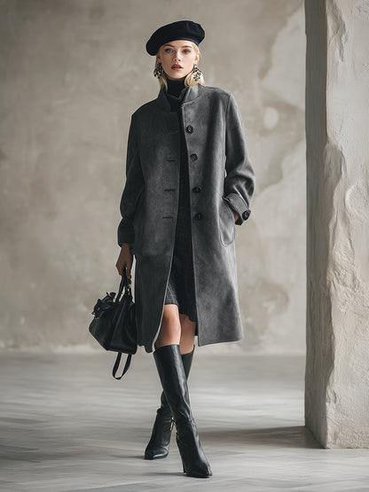 Élégant Manteau en Laine Gris Foncé avec Col Montant Boutonné