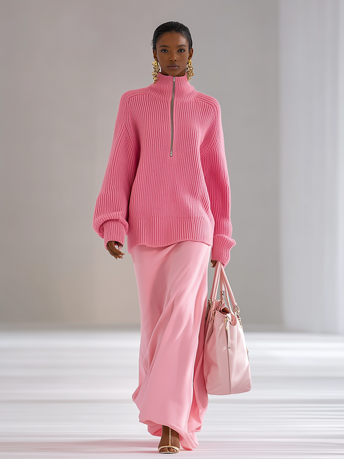 Pull Chic à Col Zippé Montant et Manches Longues