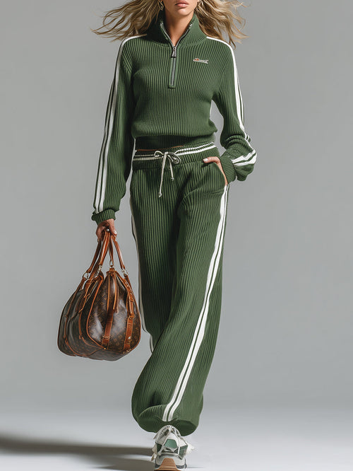 Ensemble Décontracté Vert : Pull Tricoté à Demi-Zip et Pantalon Sportif