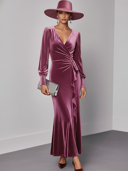 Robe Maxi en Velours Élégante avec Volants, Manches Longues et Décolleté en V