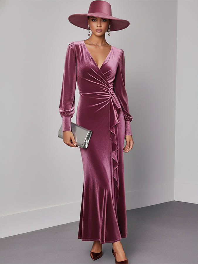 Robe Maxi en Velours Élégante avec Volants, Manches Longues et Décolleté en V